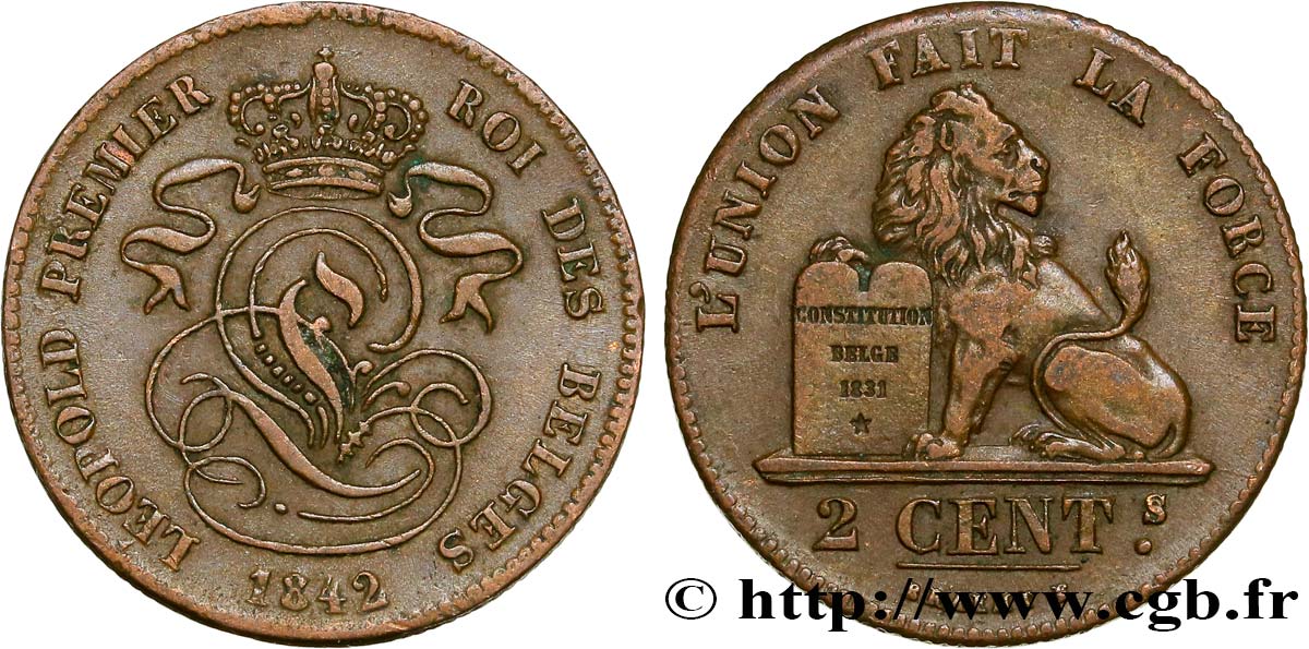 BELGIUM 2 Centimes lion monogramme de Léopold Ier 1842  XF 