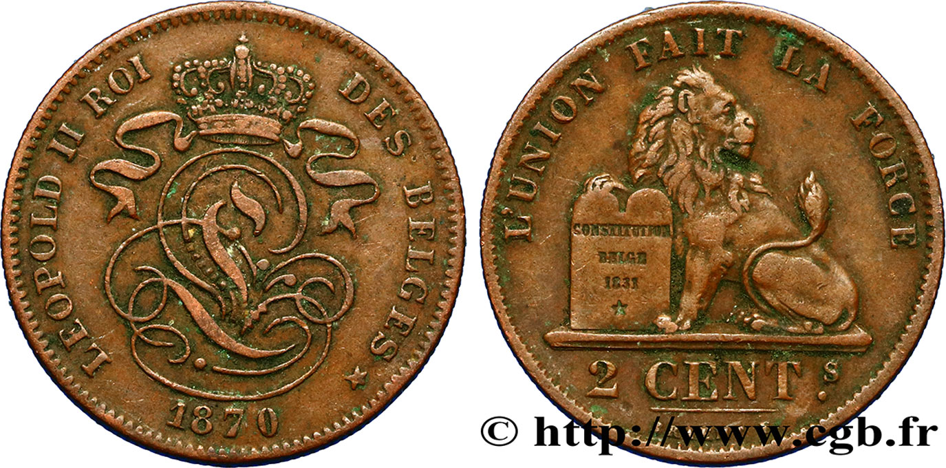 BÉLGICA 2 Centimes lion monogramme de Léopold II 1870  MBC 
