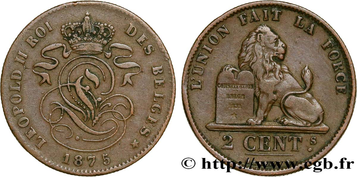 BÉLGICA 2 Centimes lion monogramme de Léopold II 1875  MBC 