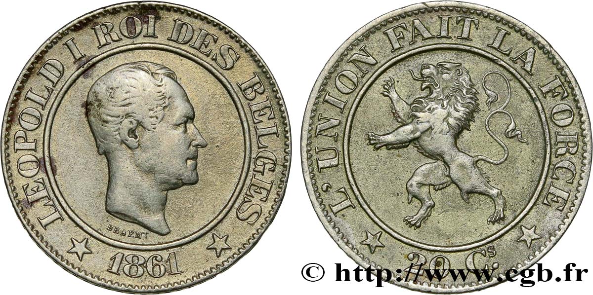 BÉLGICA 20 Centimes Léopold Ier 1861  BC+ 