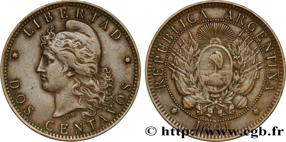 ARGENTINA 2 Centavos emblème / “Liberté” 1891  MBC+ 