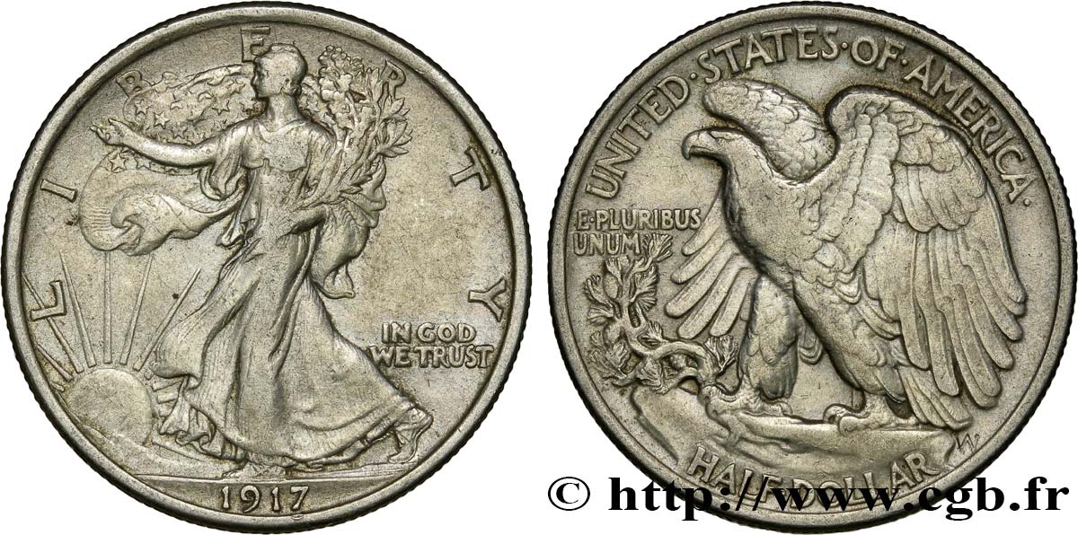 ÉTATS-UNIS D AMÉRIQUE 1/2 Dollar Walking Liberty 1917 Philadelphie TTB 
