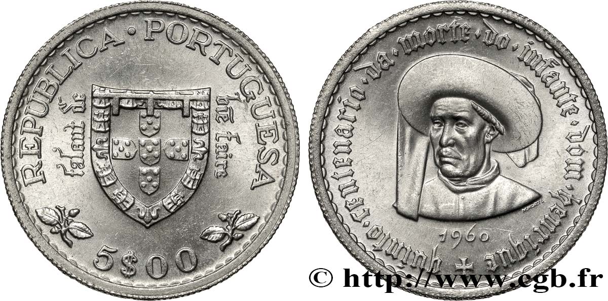 PORTUGAL 5 Escudos 500e anniversaire de la mort de l’infant Don Henrique le navigateur 1960  fST 