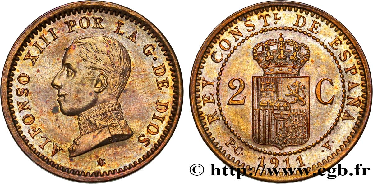 SPANIEN 2 Centimos Alphonse XIII 1911 Madrid fST 