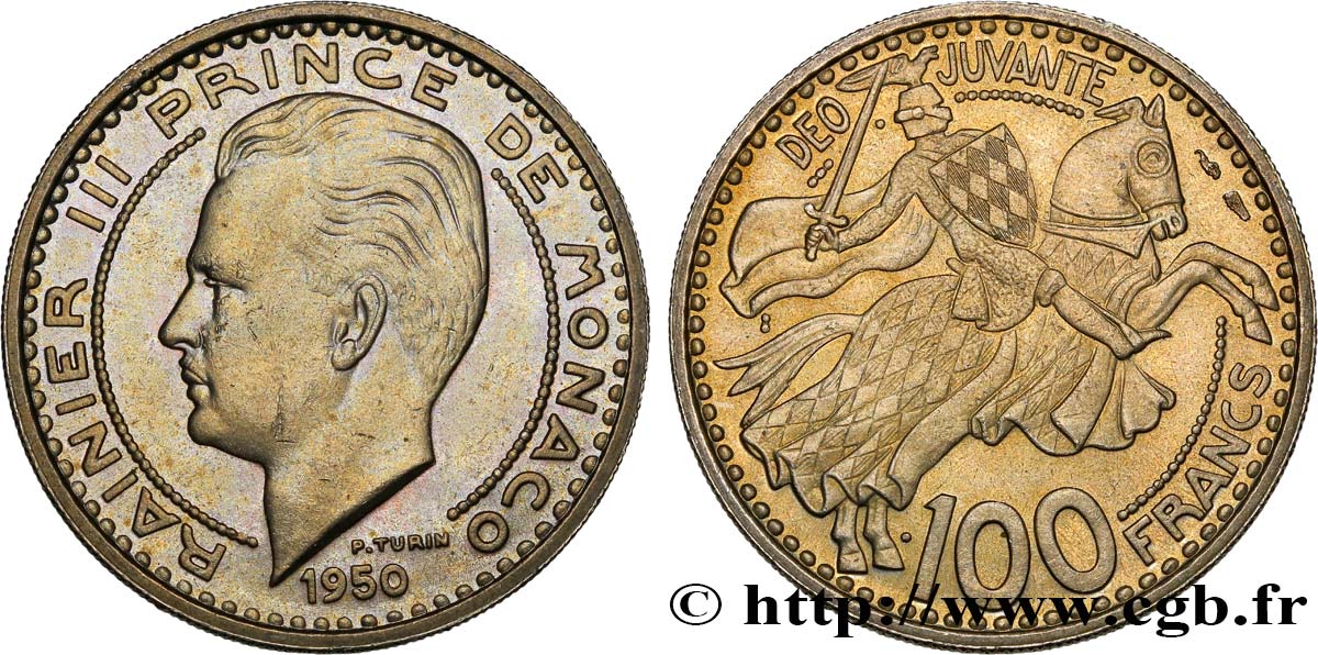 MONACO 100 Francs Rainier III / chevalier Grimaldi 1950 Paris MBC+ 