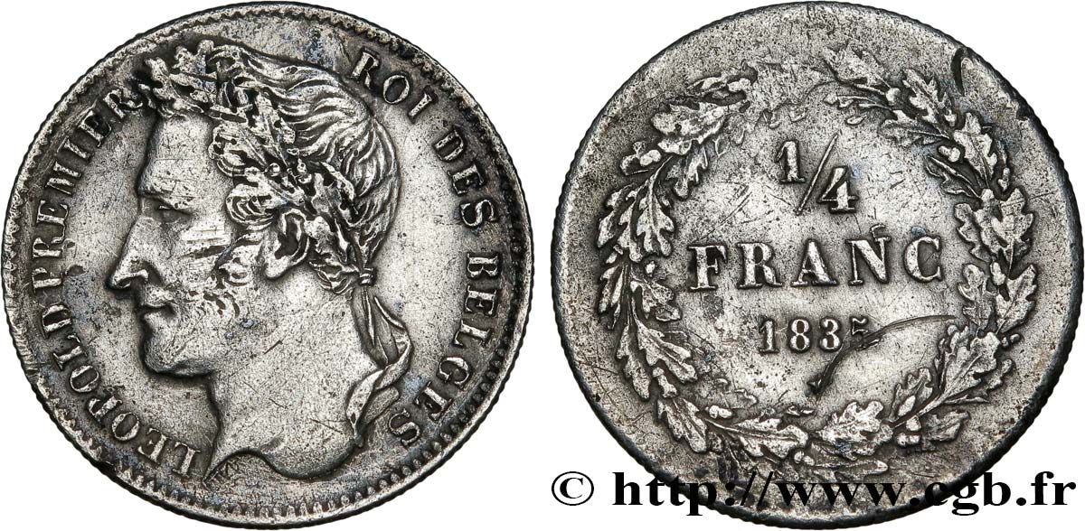 BÉLGICA 1/4 Franc Léopold Ier tête laurée 1835 Bruxelles BC+ 