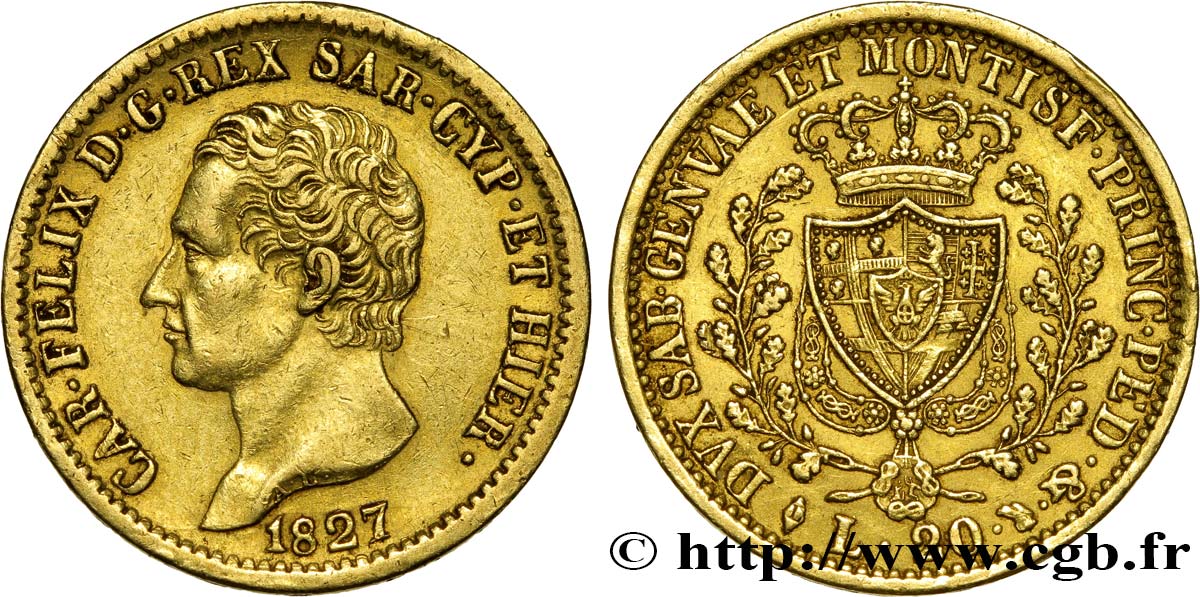 ITALY - KINGDOM OF SARDINIA 20 Lire Charles Félix 1827 Turin AU 