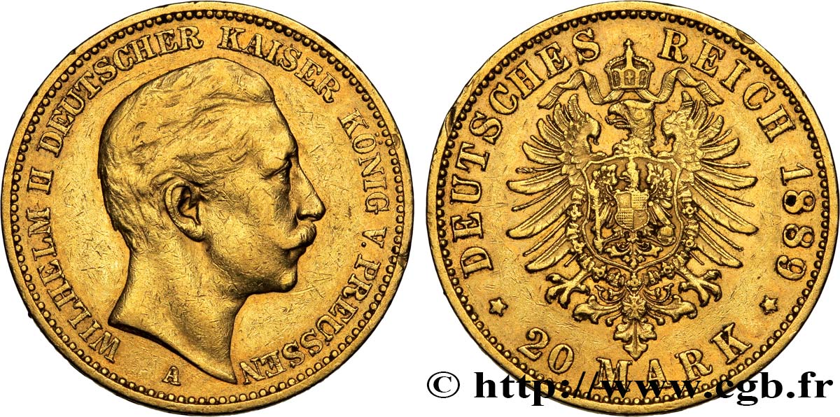 GERMANIA - PRUSSIA 20 Mark Guillaume II 1889 Berlin BB 