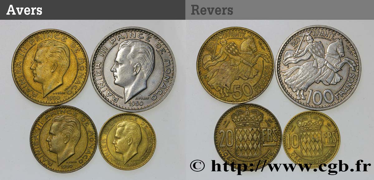 MONACO Lot de quatre monnaies de 10, 20, 50 et 100 Francs Rainier III 1950 Paris AU 