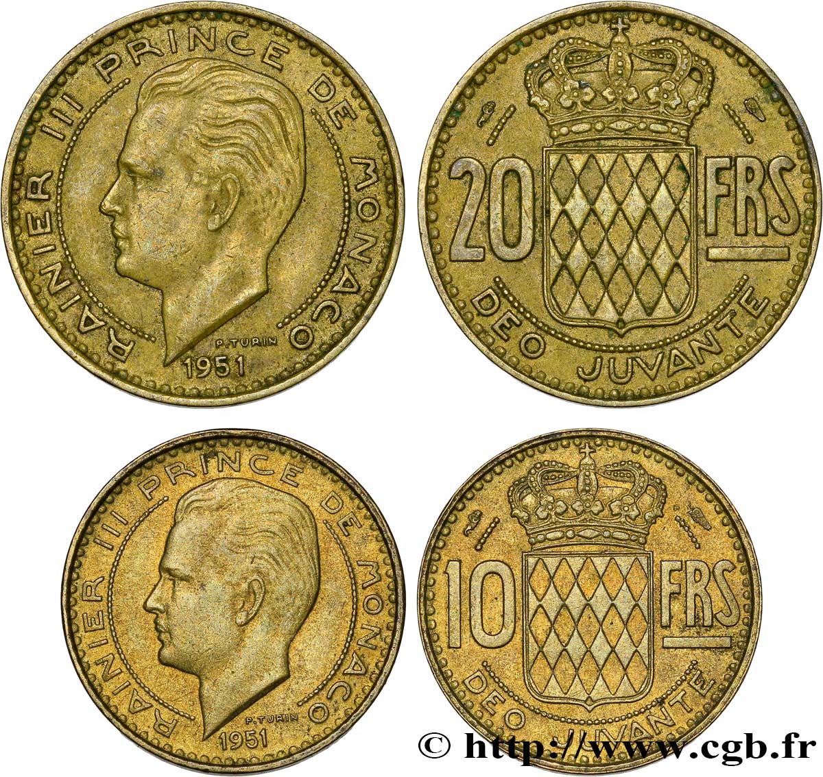 MONACO Lot de deux monnaies 10 et 20 Francs Rainier III 1951 Paris SS 
