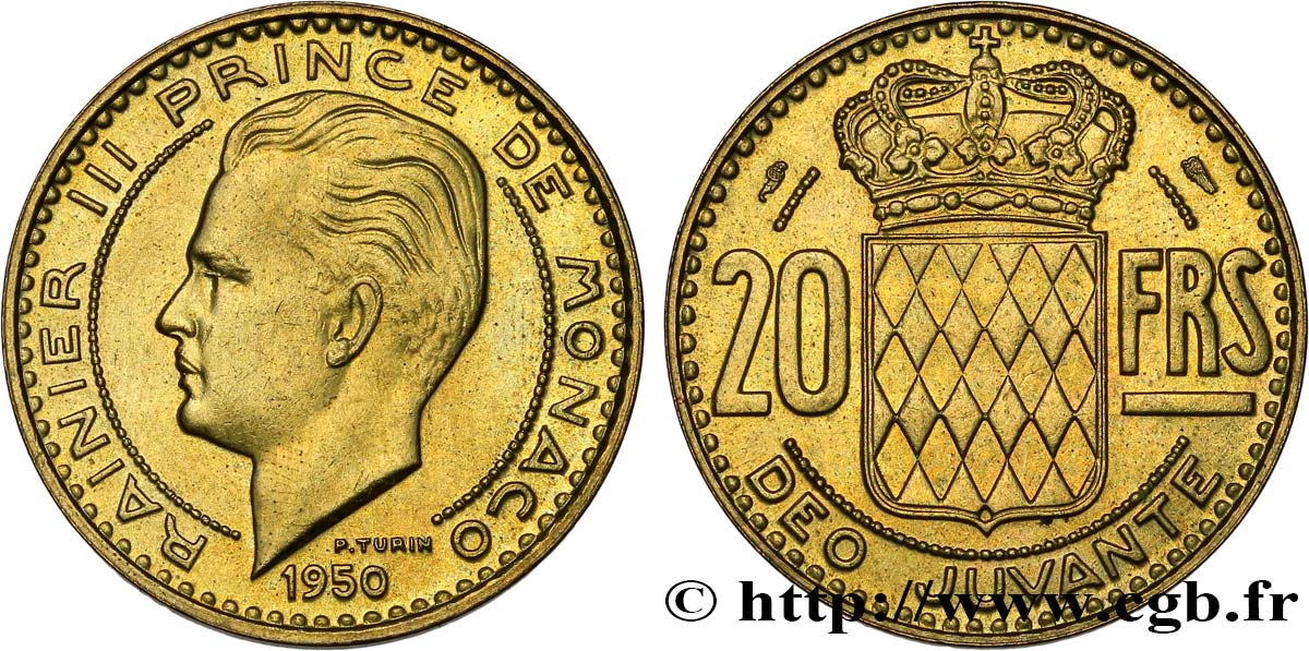 MONACO 20 Francs Rainier III / écu couronné 1950 Paris VZ 