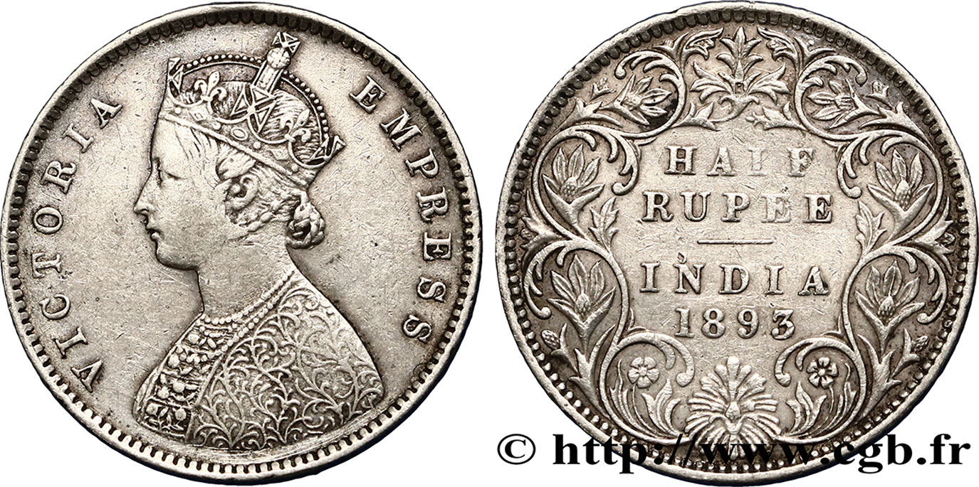 INDIA BRITÁNICA 1/2 Roupie Victoria 1893 Bombay BC+ 