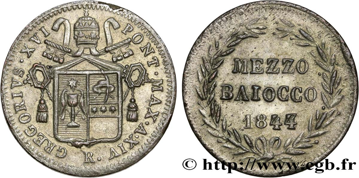 VATICAN AND PAPAL STATES 1 Mezzo Baiocco au nom de Grégoire XVI an XIV 1844 Rome AU 