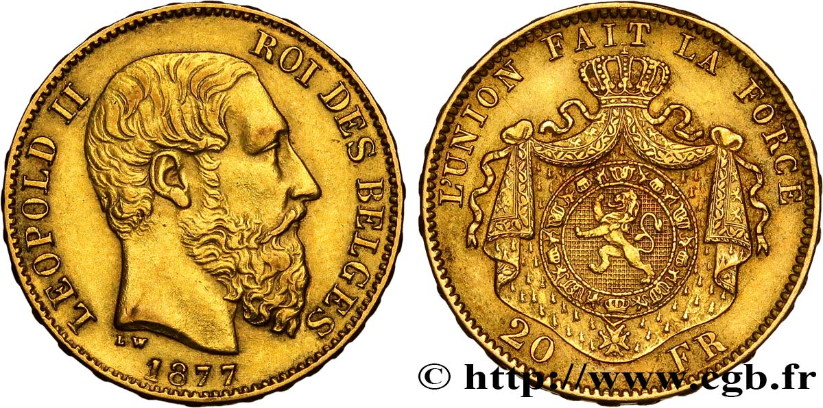 BELGIEN 20 Francs or Léopold II 1877 Bruxelles SS 