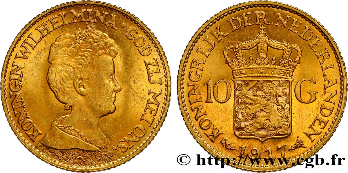 NIEDERLANDE 10 Gulden, 3e type Wilhelmina 1917 Utrecht fST 