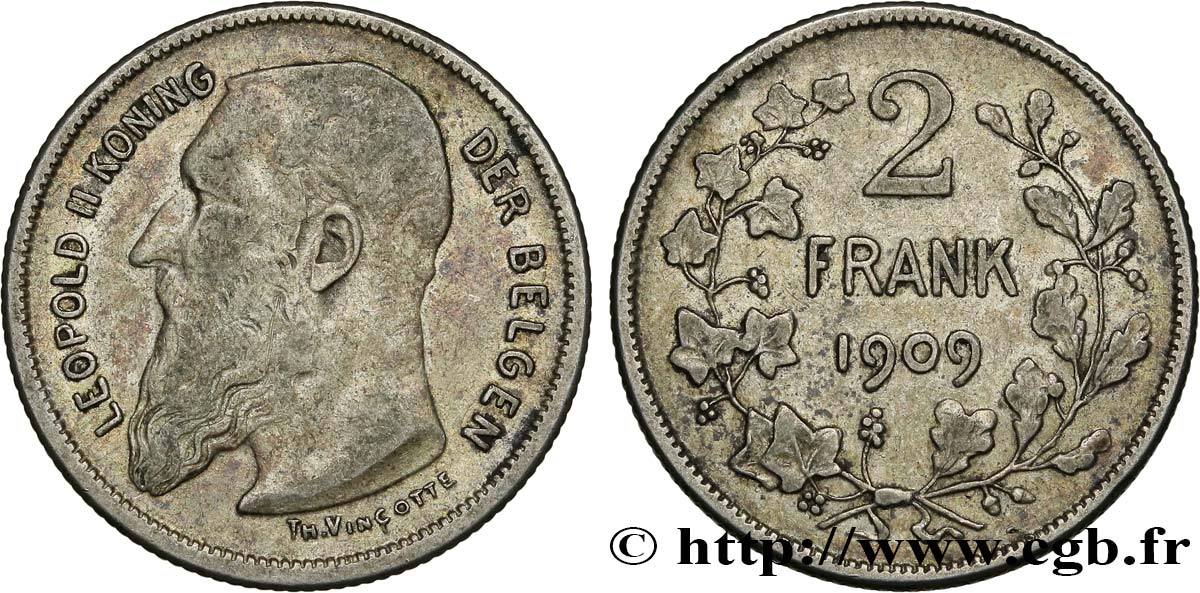 BELGIEN 2 Francs (Frank) Léopold II légende flamande 1909  fSS 