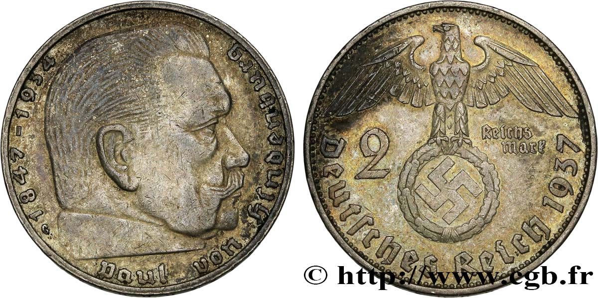 ALEMANIA 2 Reichsmark aigle surmontant une swastika / Maréchal Paul von Hindenburg 1937 Karlsruhe MBC+ 
