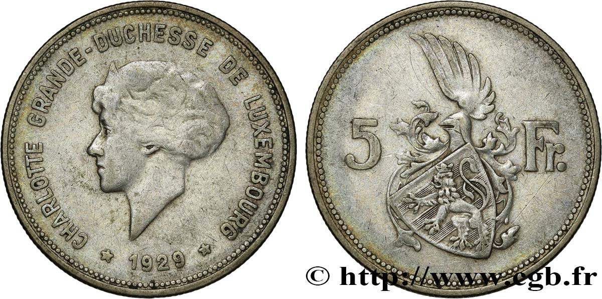 LUSSEMBURGO 5 Francs Grande-Duchesse Charlotte 1929  q.BB 