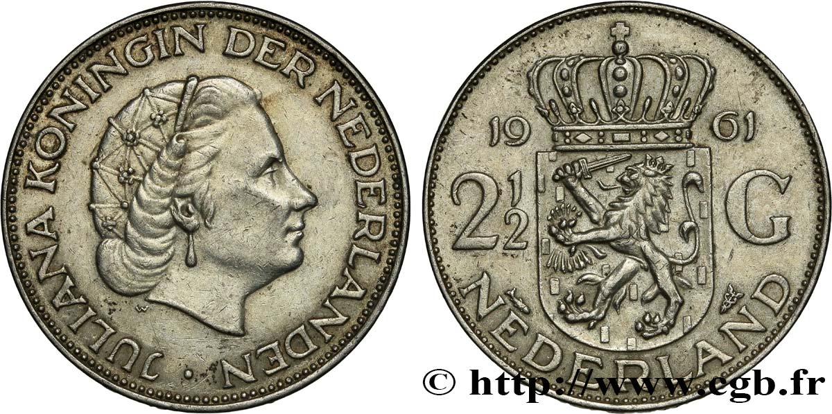 NETHERLANDS 2 1/2 Gulden Juliana 1961 Utrecht AU 