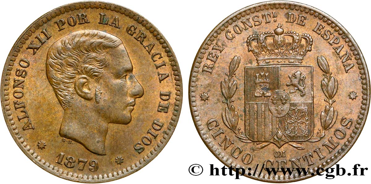 SPAIN 5 Centimos Alphonse XII 1879 Oeschger Mesdach & CO AU 