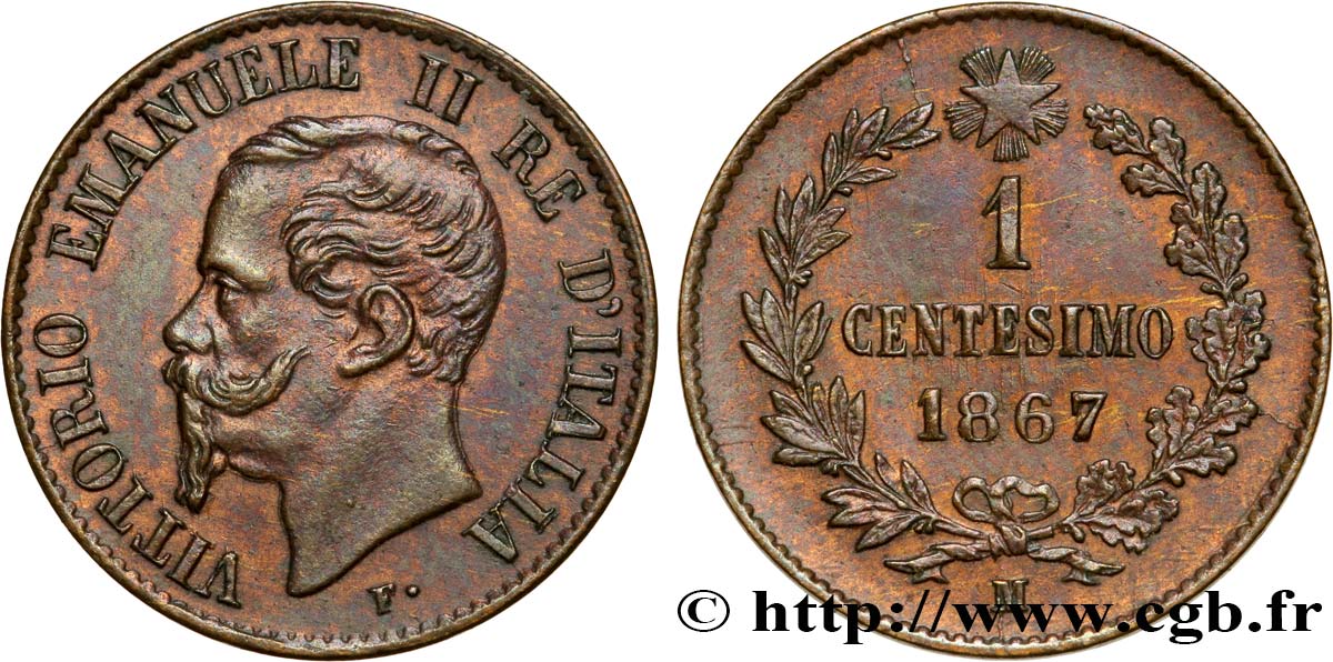 ITALIA 1 Centesimo Victor Emmanuel II 1867 Milan EBC 