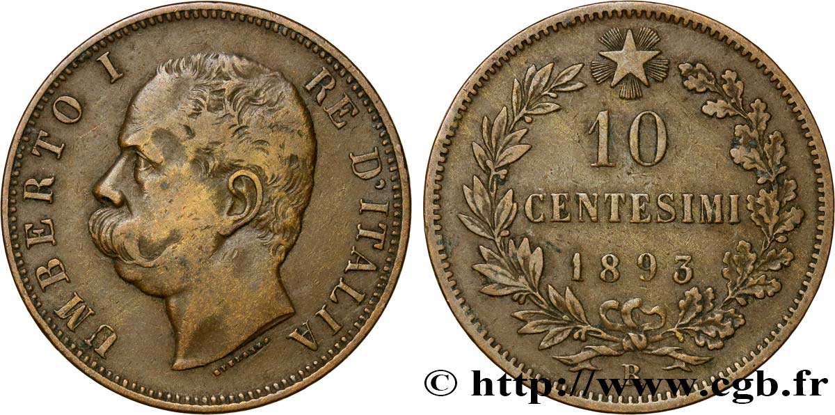 ITALIA 10 Centesimi Humbert Ier 1893 Rome BC+ 