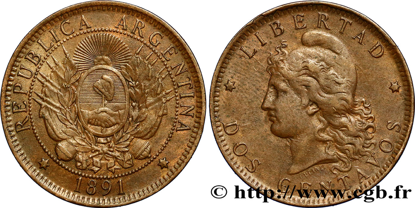 ARGENTINA 2 Centavos emblème / “Liberté” 1891  q.SPL 