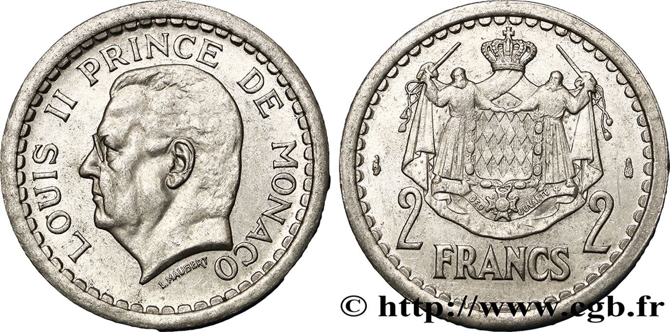 MONACO 2 Francs Louis II / armes (1943) Paris SUP 