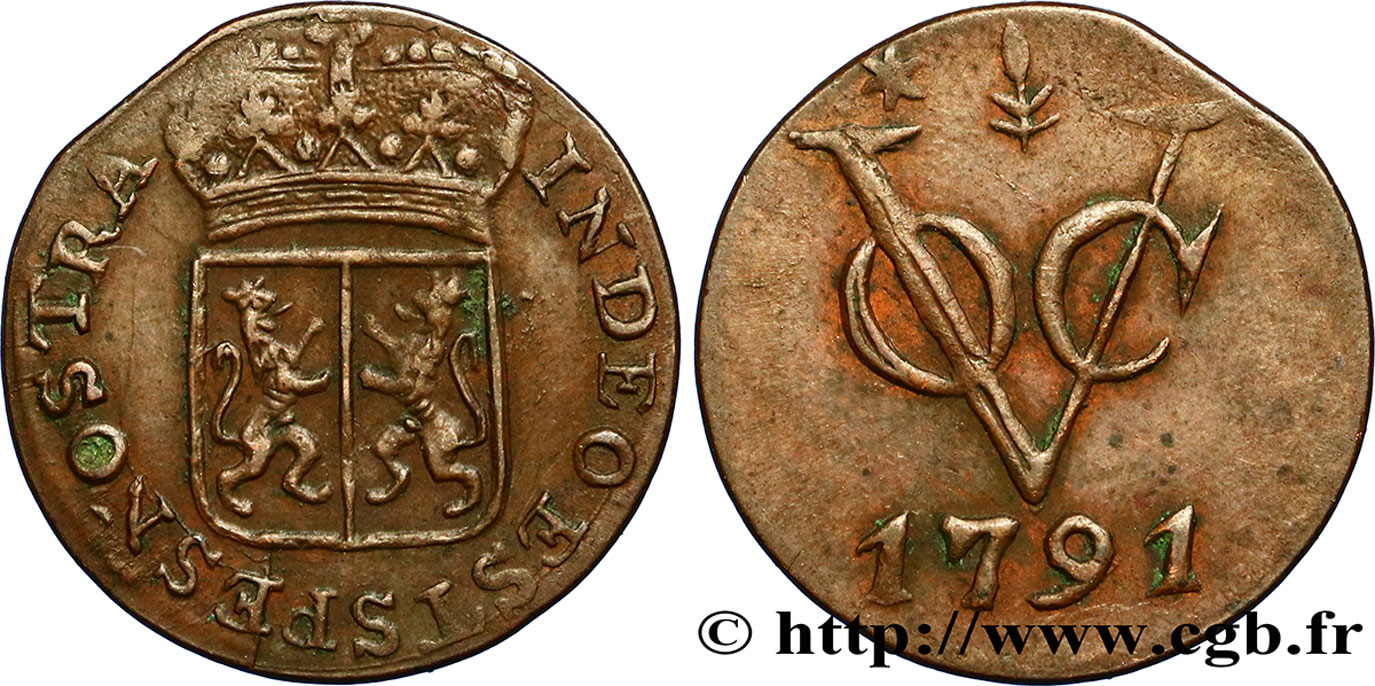 NETHERLANDS INDIES 1 Duit armes de Gelderland / monogramme de la Verenigde Oost-Indische Compagnie (VOC) 1791  XF 