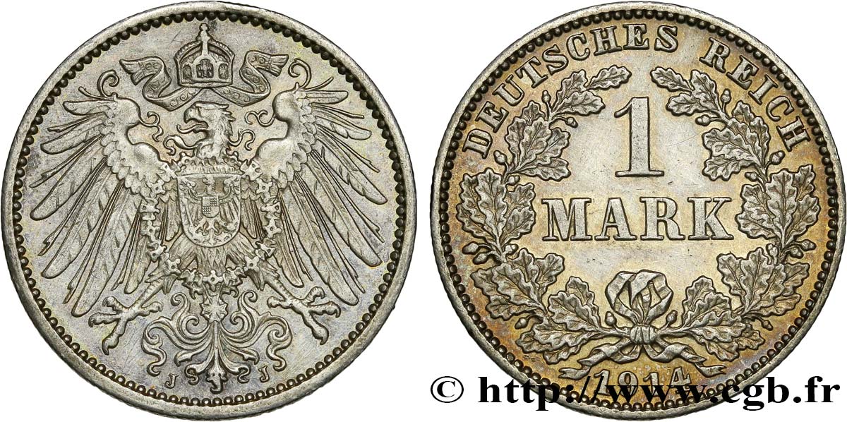ALEMANIA 1 Mark Empire aigle impérial 2e type 1914 Hambourg - J EBC 