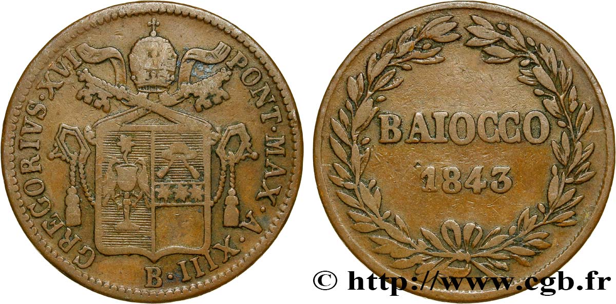 VATICAN AND PAPAL STATES 1 Baiocco armes du vatican frappé au nom de Grégoire XVI  an XIII 1843 Rome VF 