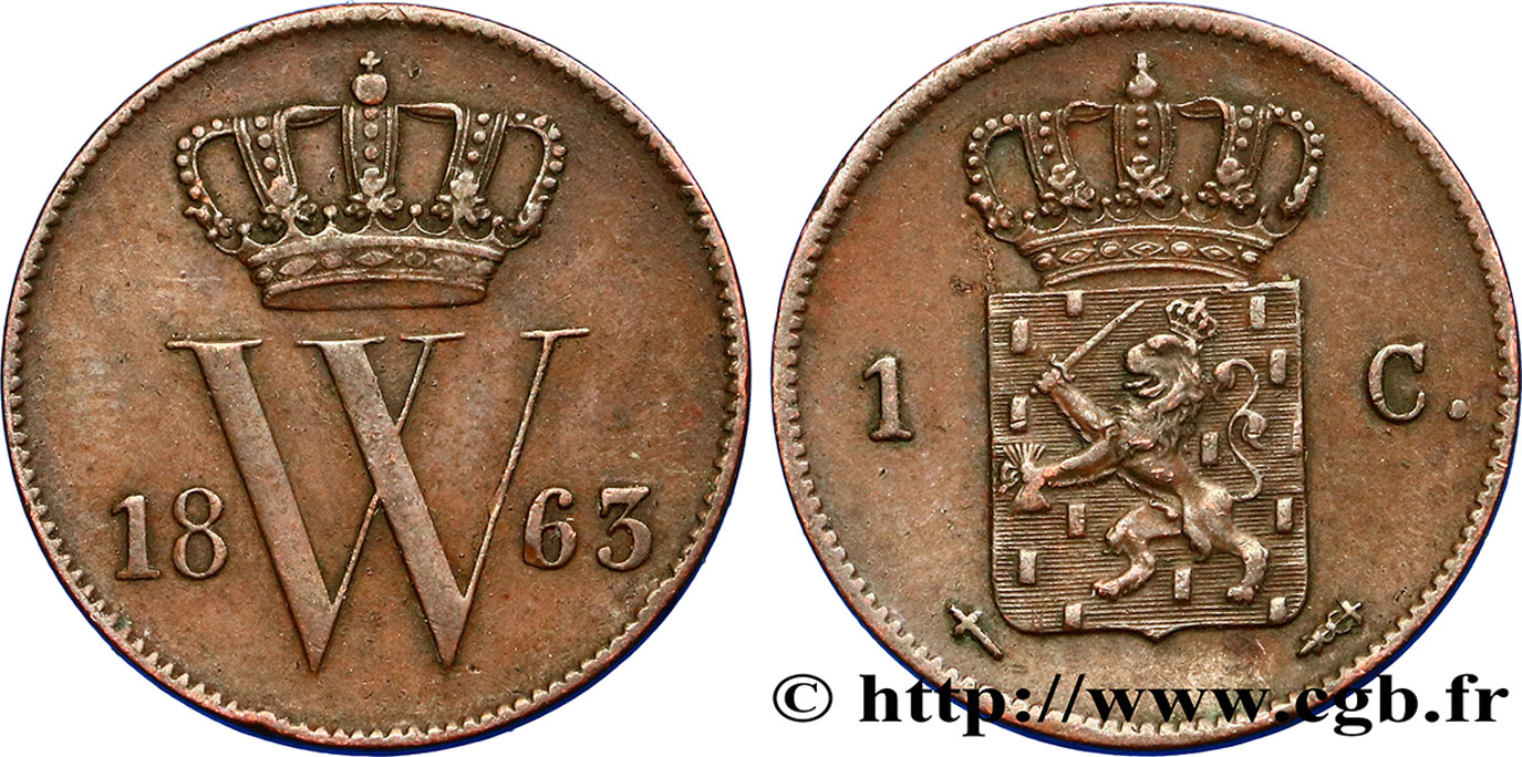 PAESI BASSI 1 Cent emblème monogramme de Guillaume III 1863 Utrecht BB 