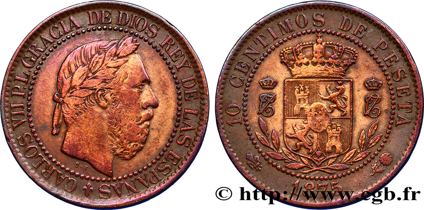 ESPAÑA 10 Centimos Charles VII 1875 Oñate BC+ 