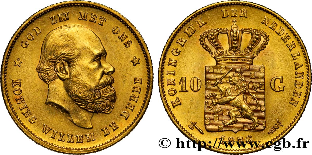 NIEDERLANDE 10 Gulden Guillaume III, 2e type 1876 Utrecht VZ+ 