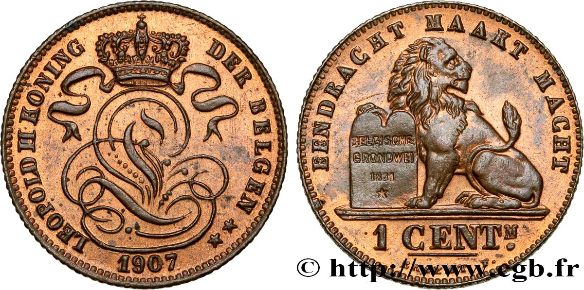 BELGIEN 1 Centime lion monogramme de Léopold II légende en flamand 1907  fST 