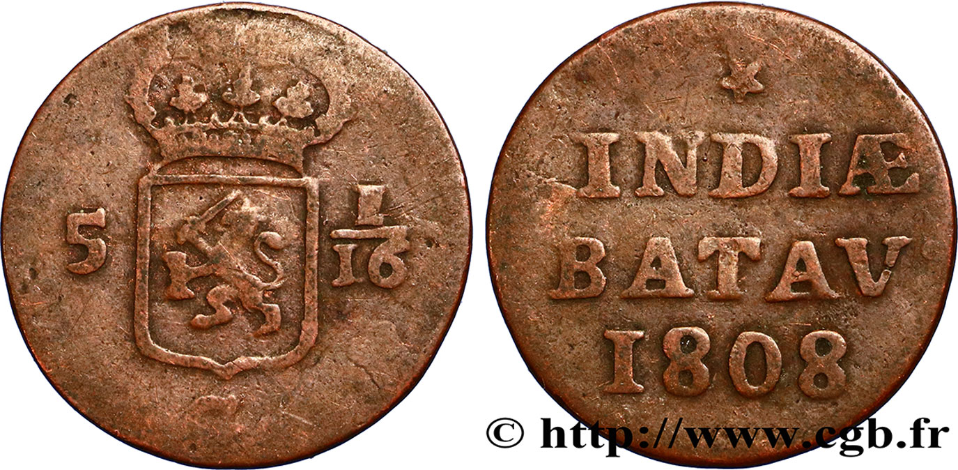 INDES NEERLANDAISES 5 1/16 Gulden (1 Duit) écu couronné des Pays-Bas 1808 Enkhuizen TB 