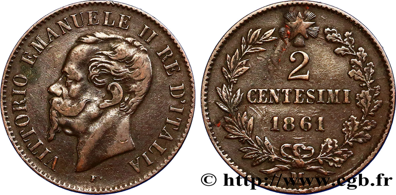 ITALIE 2 Centesimi Victor Emmanuel II 1861 Milan TB 