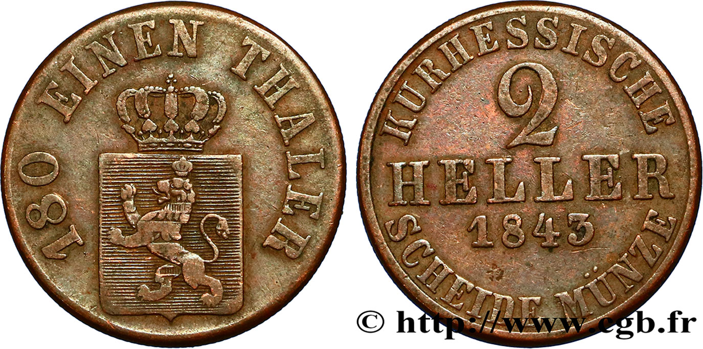 ALEMANIA - HESSE 2 Heller Hesse-Kassel 1843  BC+ 