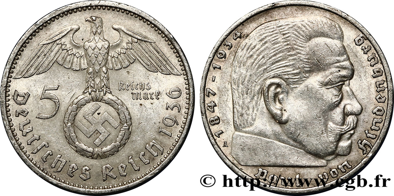 GERMANY 5 Reichsmark Maréchal Paul von Hindenburg 1936 Berlin XF/AU 