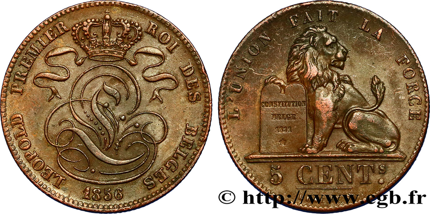 BELGIUM 5 Centimes monograme de Léopold couronné / lion 1856  AU 