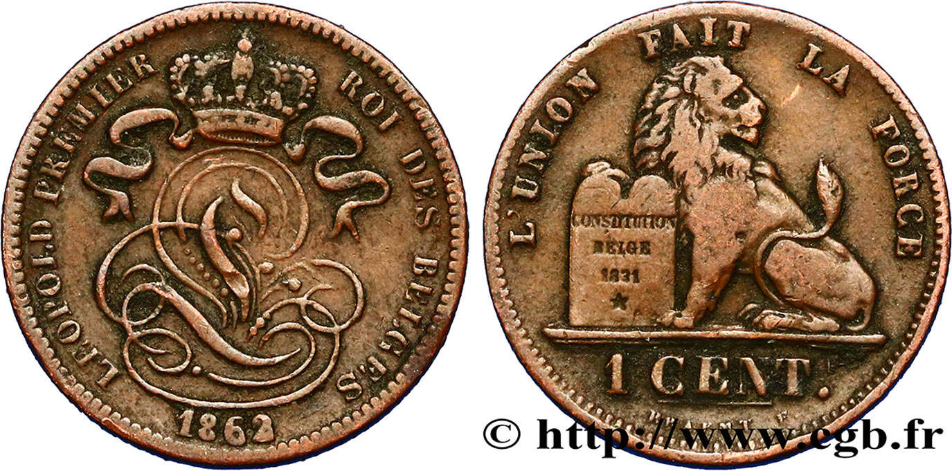 BELGIUM 1 Centime lion monogramme de Léopold Ier 1862  XF 