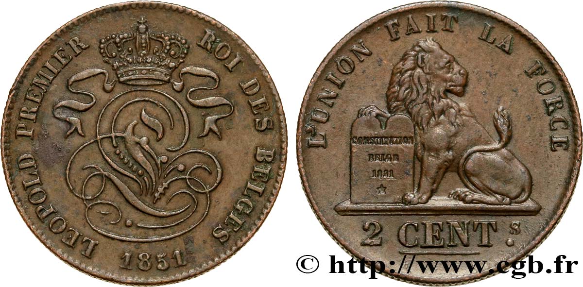 BELGIQUE 2 Centimes monograme de Léopold couronné / lion 1851  TTB+ 