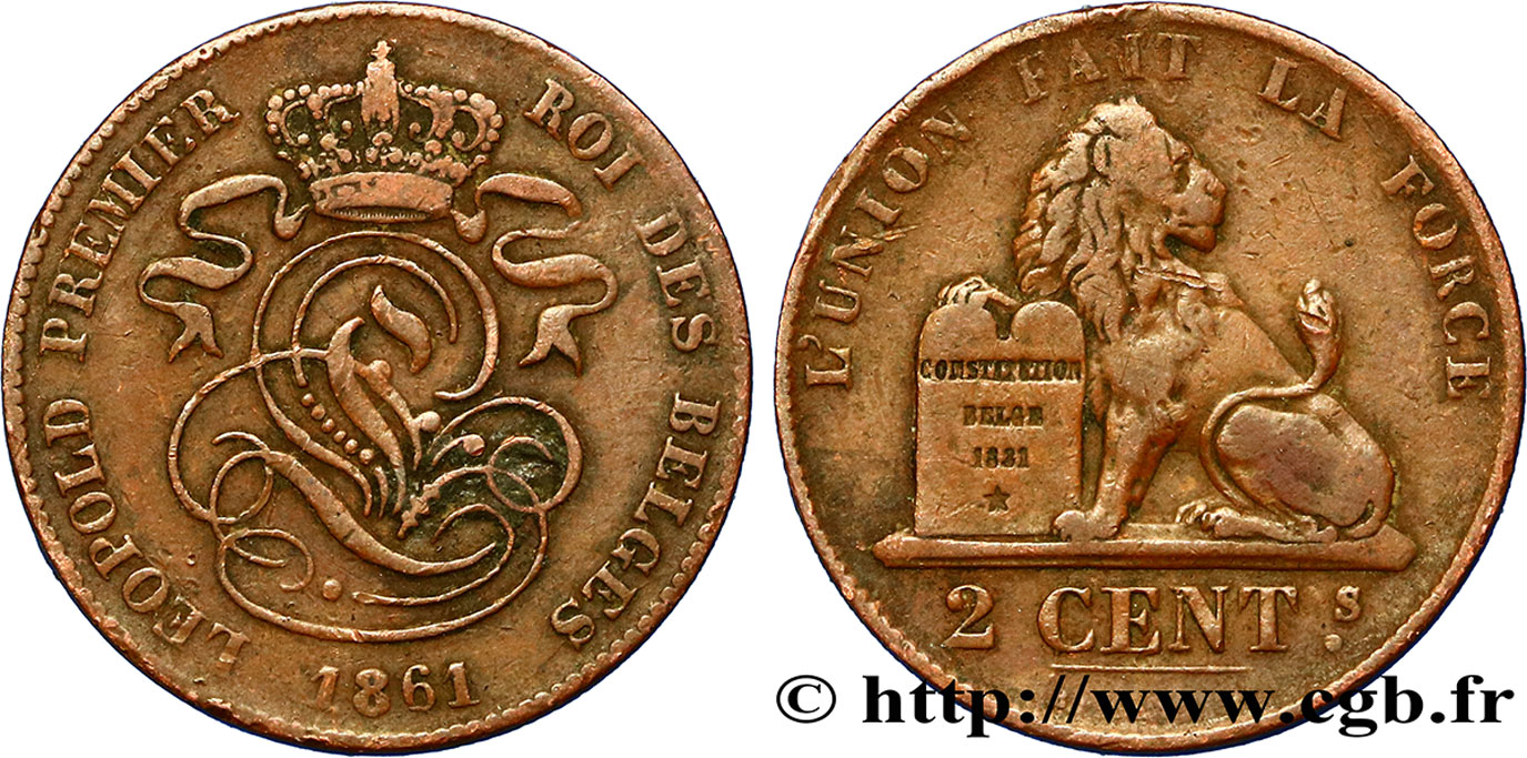 BELGIQUE 2 Centimes monograme de Léopold couronné / lion 1861  TB+ 