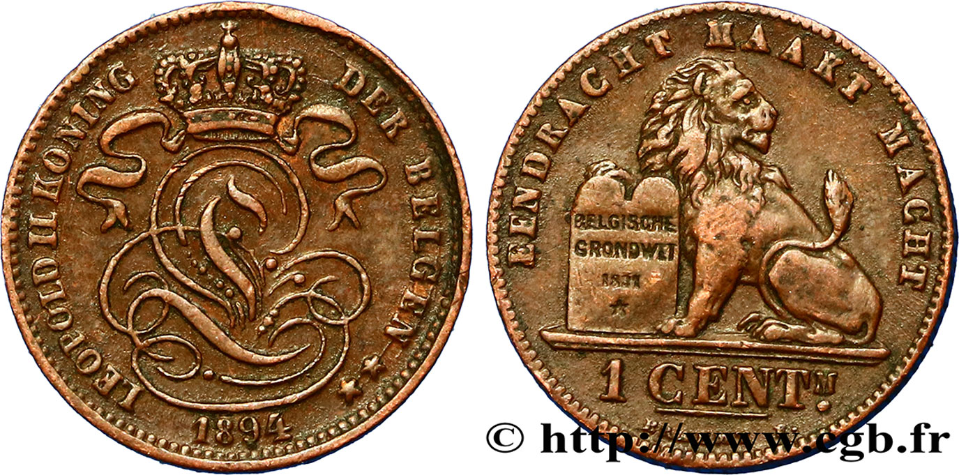 BELGIQUE 1 Centime lion monogramme de Léopold II légende en flamand 1894  SUP 
