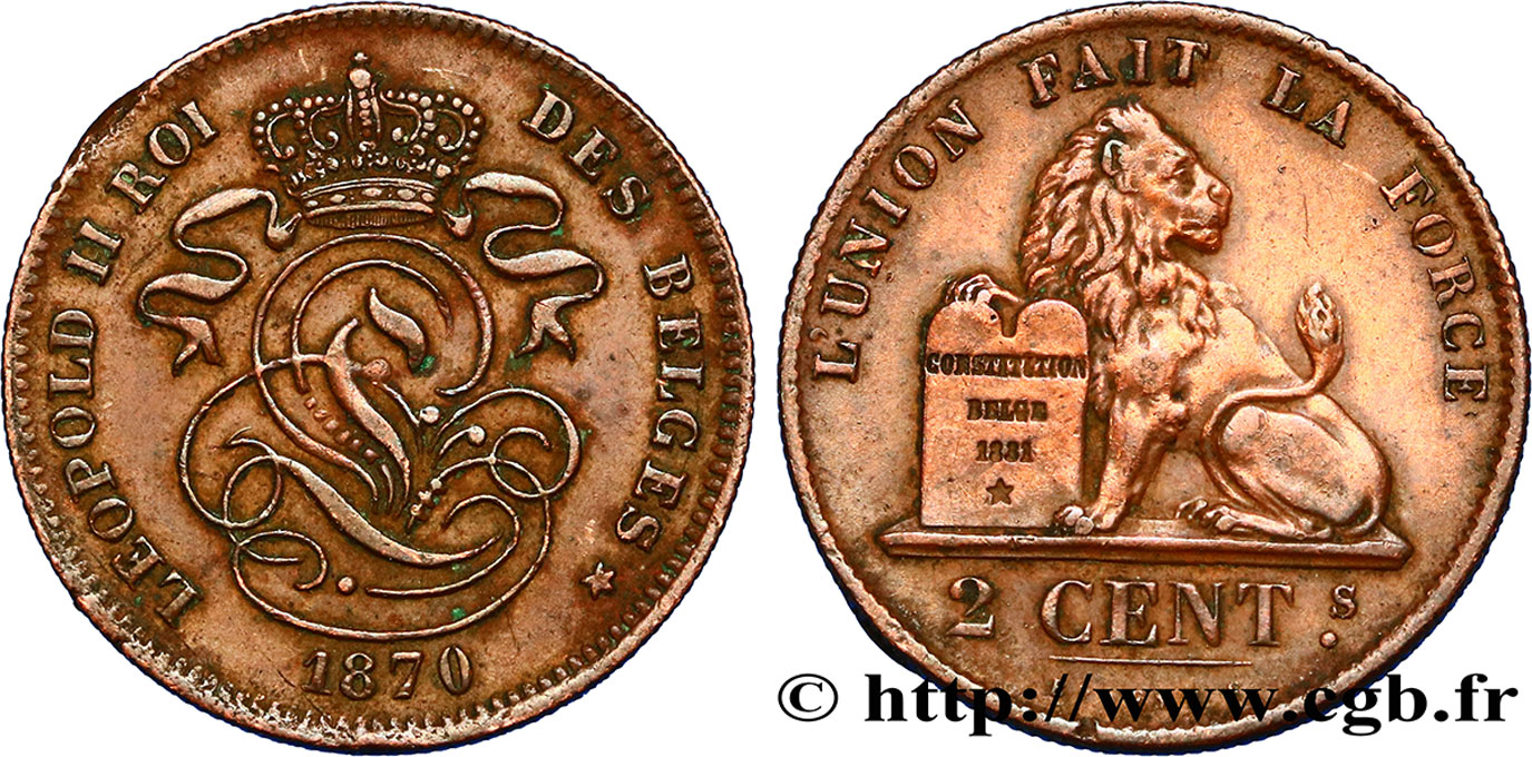 BÉLGICA 2 Centimes lion monogramme de Léopold II 1870  MBC+ 