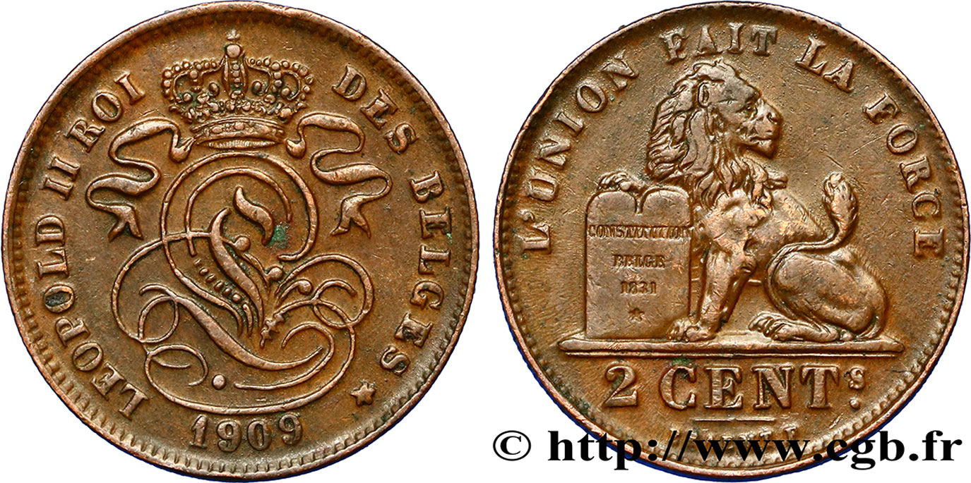 BELGIEN 2 Centimes lion monogramme de Léopold II légende française 1909  fVZ 