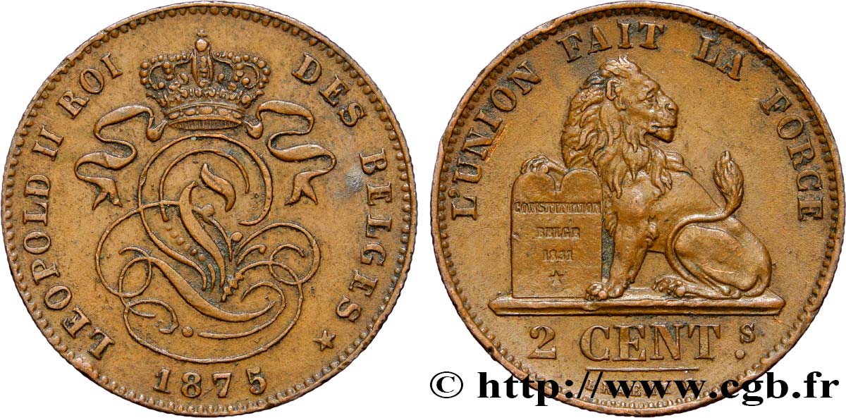 BELGIEN 2 Centimes lion monogramme de Léopold II 1875  VZ 