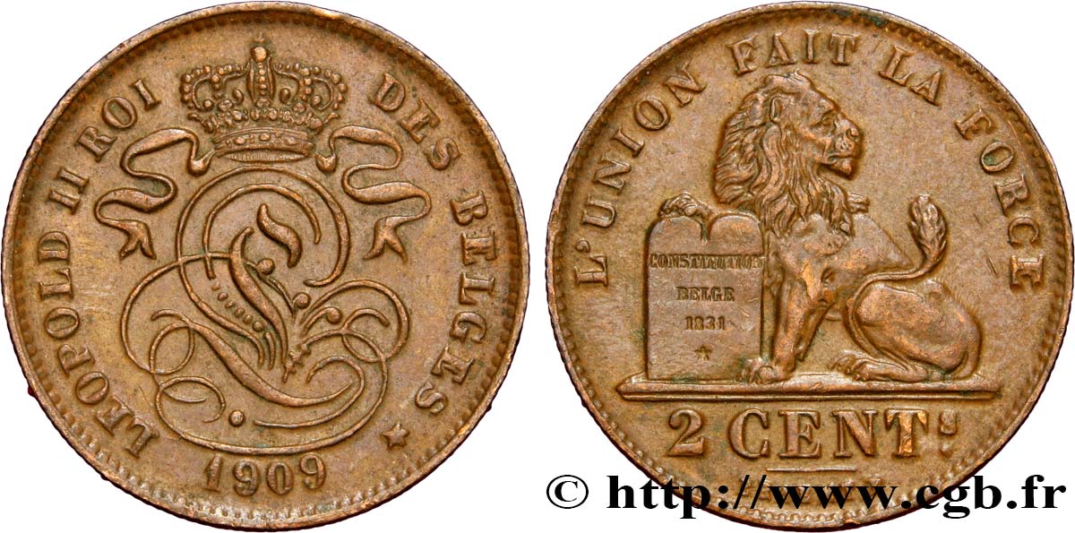 BÉLGICA 2 Centimes lion monogramme de Léopold II légende française 1909  MBC+ 