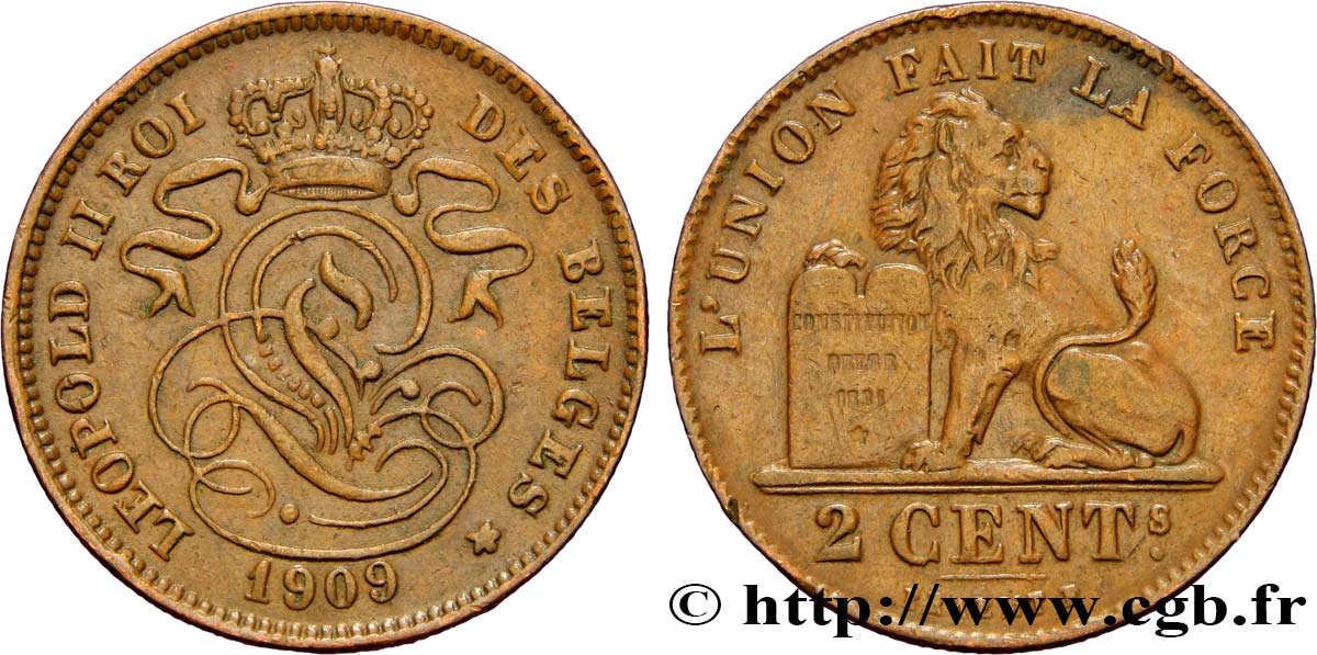 BELGIQUE 2 Centimes lion monogramme de Léopold II légende française 1909  TTB+ 