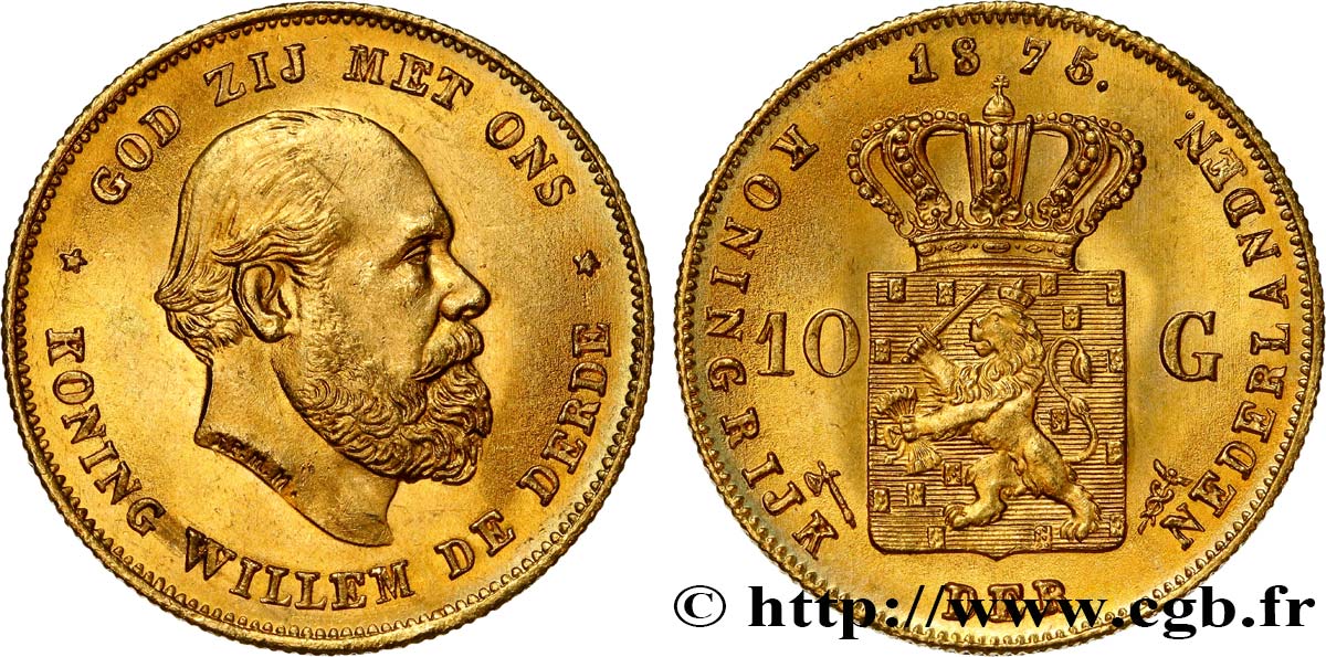 PAESI BASSI 10 Gulden Guillaume III, 1e type 1875 Utrecht MS 